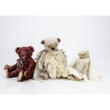 Three artist teddy bears, of artificial silk plush, one grey with swivel head, jointed limbs, lace