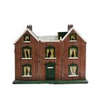 'Manor House' a large wooden dolls' house, of three bays and two storeys with painted red brick,