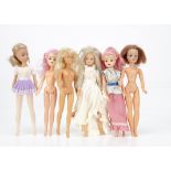 Six Pedigree Sindy dolls, two Space Fantasy with pink hair, a blonde ballerina and auburn haired;