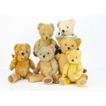 Six post-war British teddy bears, all with swivel heads and jointed limbs, two mohair and others