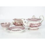 A 19th century pearlware children's part tea set Zebra, red transfer printed with zebra and girl