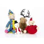 Three artist teddy bears, a slender bear with swivel head, jointed limbs and felt clown costume --12