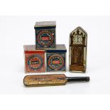 Tinplate Huntley & Palmer and sweet sample tins, a Rowntree's Cachous cricket bat --4 ½in. (11.5cm.)