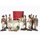 Soldiers and lead figures, two French Pixi semi-solid lead sets - a Christmas scene and magician;