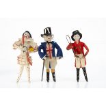 Three Christmas cracker dolls, with wired bodies and crepe paper, John Bull and a clown ---5 ¼in. (