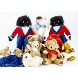 Merrythought soft toys and teddy bears, two Gollies --19in. (48.5cm.) high; two bears in a bed