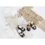 Various doll's clothes, a factory original two-piece beige boys costume with red silk buttons and