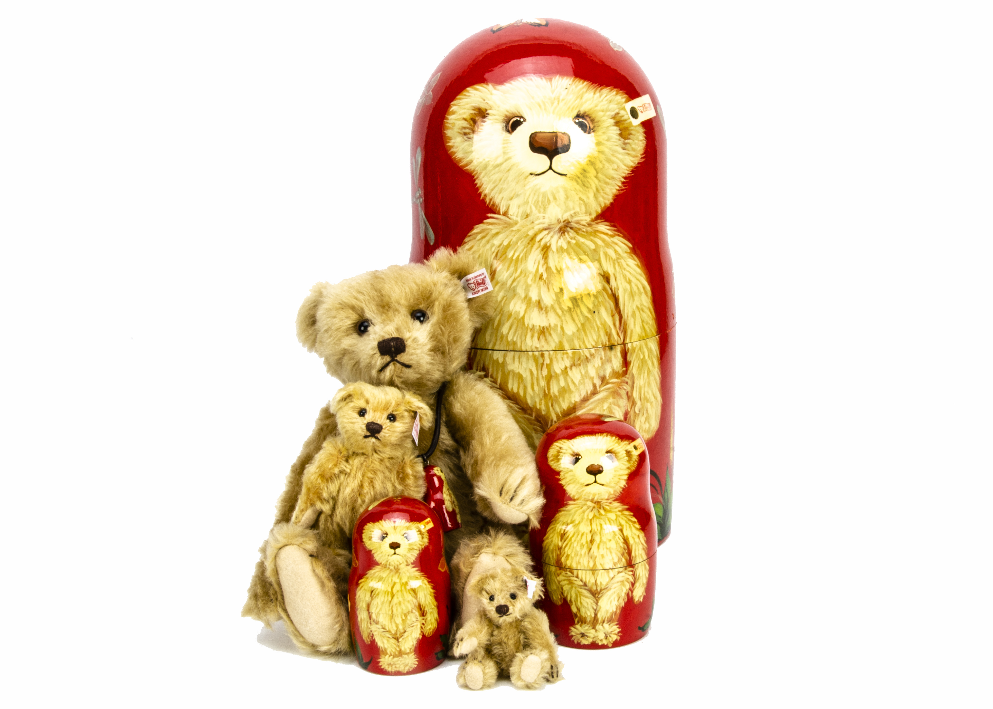 A Steiff limited edition Matrioschka 2005, 491 of 750, three painted wooden dolls and three mohair