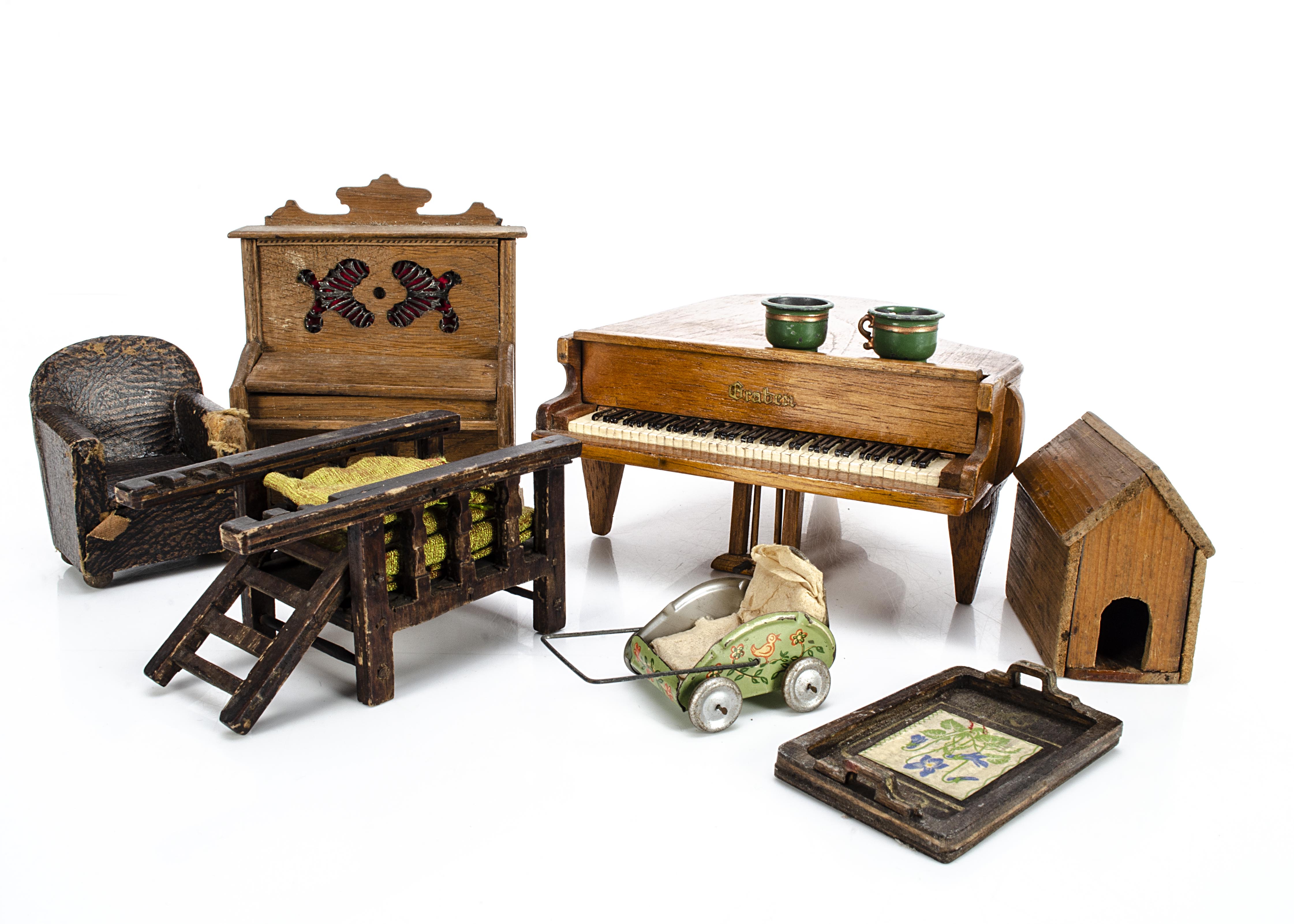 Various dolls' house furniture, a German oak 1920s upright piano; a Graben large grand piano --7 ¾