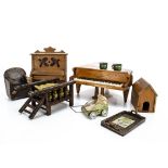 Various dolls' house furniture, a German oak 1920s upright piano; a Graben large grand piano --7 ¾