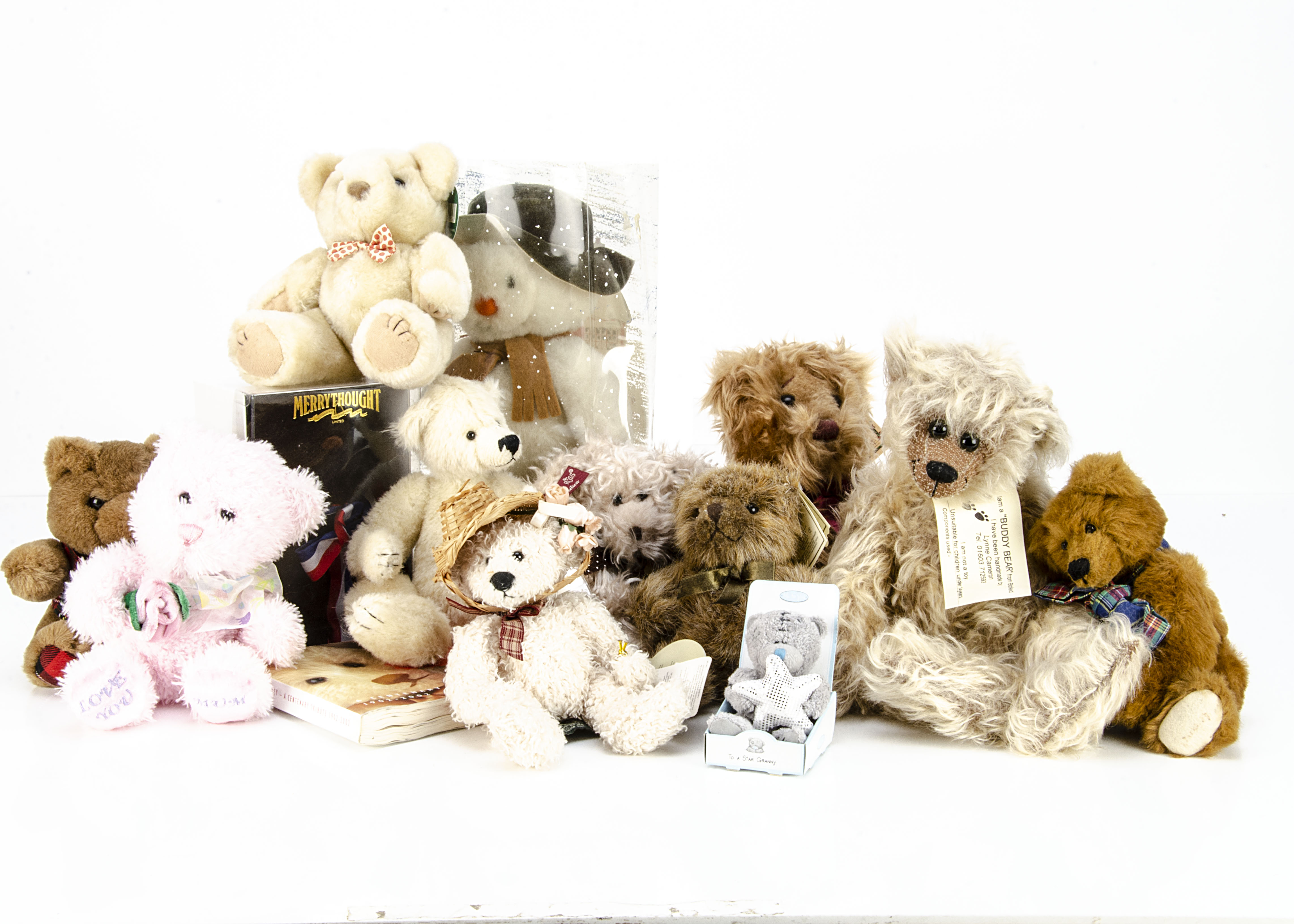 Various collectors teddy bears, Brian a Buddy Bear by Lynne Cameron --13in. (33cm.) high; a Russ