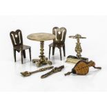 Large scale metal dolls' house furniture, a brass umbrellas stand with Registered Design number