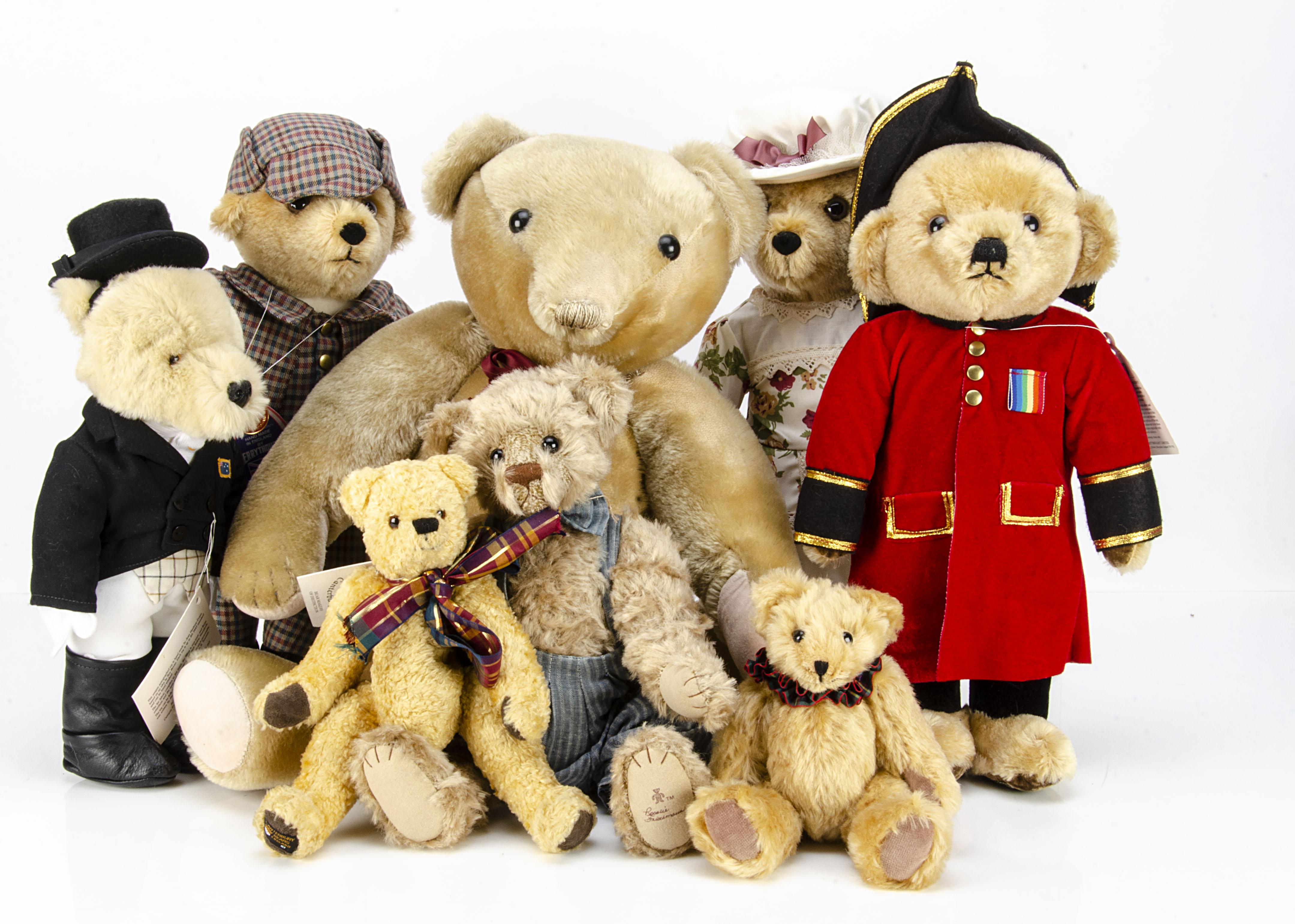 Three Merrythought for Harrods standing character teddy bears, Mrs Hudson, Sherlock Holmes and a