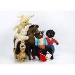 Various soft toys, a European brown burlap horse with wooden muzzle and hooves --15in. (38cm.) long;