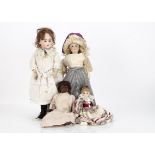A fashionable doll's body, with bisque shoulders, gusseted kid body, reproduction head and some