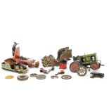 German tinplate toys and spares, a Hessmobil Tractor (not working and man missing head); two other