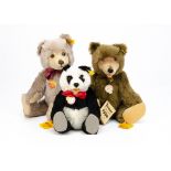 Three Steiff yellow tagged teddy bears, a brown Teddy Baby replica --14 ½in. (37cm.) high; an