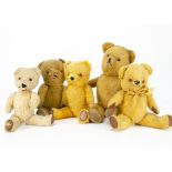 Five post-war teddy bears, the smallest a Tara Toys teddy bear with internal rattle --14in. (