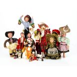 Good quality National Costume dolls, a turned and painted wooden doll in red floral dress --13 ½