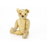 A fine Omega golden artificial silk plush teddy bear 1930s, with orange and black glass eyes,