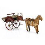 A pony and tinplate trap, the red and grey painted trap with gold lining, the hide covered pony with