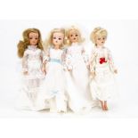 Four Pedigree Sindy Brides, three blondes, one with growing hair and a dark blonde, 1980s