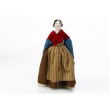 A 19th century china shoulder-head dolls' house doll, with black painted and moulded hair, rosy