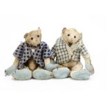 Two miniature artist teddy bears, both made from distressed white cotton, swivel heads and jointed