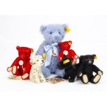 Six Steiff yellow tagged teddy bears and dogs, two red, one pale blue --11in. (28cm.) high, a