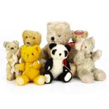 Various teddy bears, two German teddy bears, one with beige mohair, orange and black glass eyes,