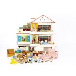 Dol-Toi dolls' house furniture, a pink bedroom and bathroom set, kitchen appliances, two plaster