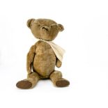 An American teddy bear circa 1920, with short blonde mohair, unusual oval head with replaced
