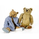 Two poorly pre-war teddy bears, a German or American 1920s teddy bear with brown and black glass