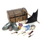 Doll's accessories, a small doll's domed trunk covered in brown cloth and black oil-cloth
