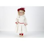 A German unmarked bisque headed child doll, with fixed blue eyes, pierced ears, blonde mohair wig,