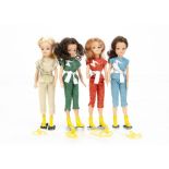 Four Pedigree Sindy Skaters 1980s, in blue, red, green and gold outfit with Walkman's, two brunette,