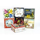 Seven lithographed tinplate Christmas biscuit tins, an Elkes Xmas Assorted with a scene of a