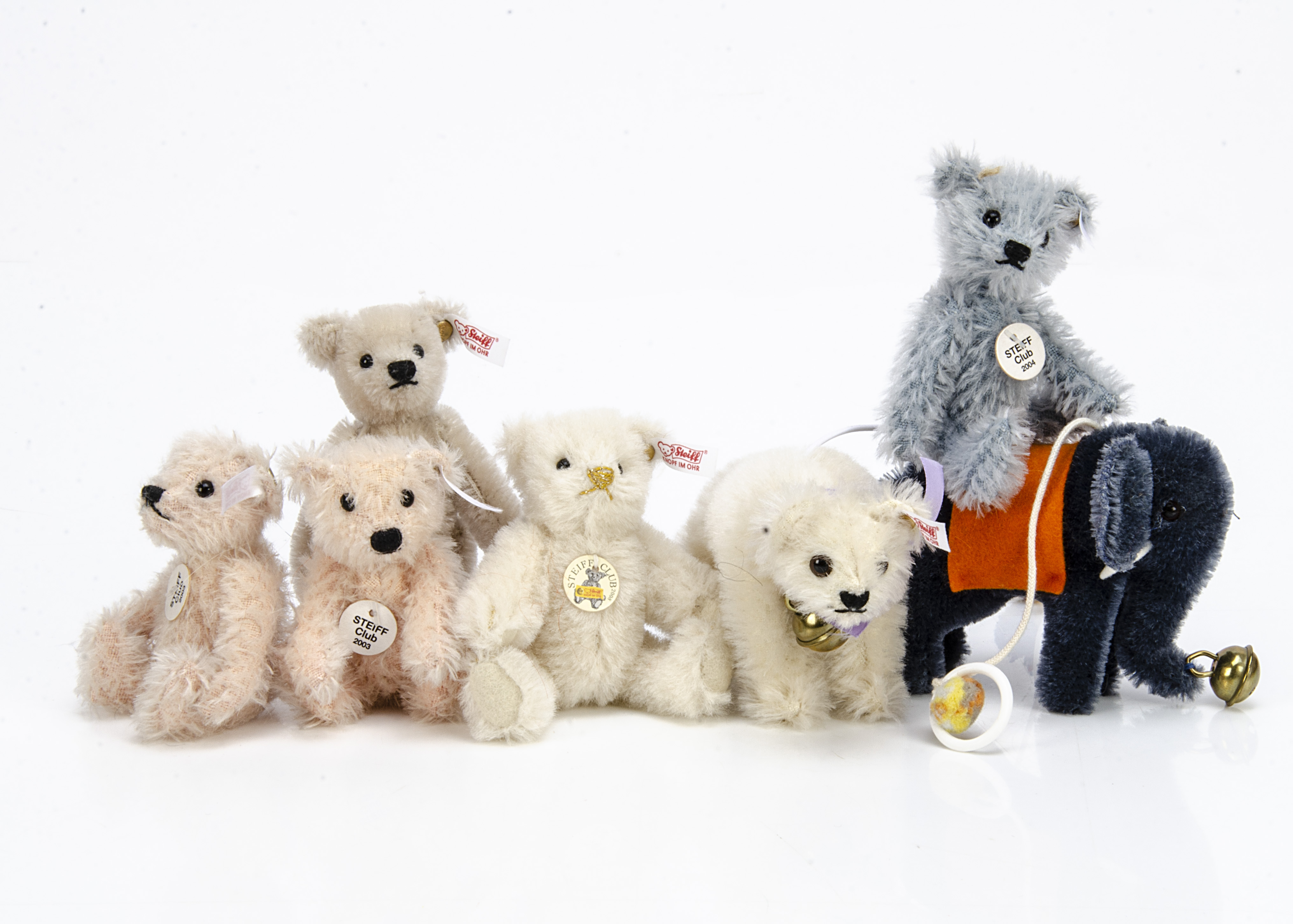 Seven Steiff Club Gift miniature teddy bears and animals, two 2003, 2004, 2005and 2008; and crib toy