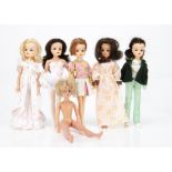 Six Pedigree Sindy dolls, a Sweetdreams Sindy with brunette hair and nightdress, two blondes, two