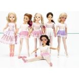 Six Pedigree Ballerina Sindy dolls, three blonde, one auburn and two auburn, all in original tutus