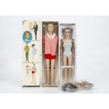 A Mattel Barbie Fashion Queen 1963, with blue and white striped swimsuit and three wigs; and a