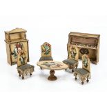 Rare German chromolithographic transfer decorated dolls' house furniture, blonde wood with lustre