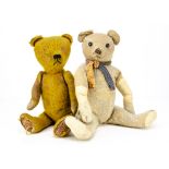 Two 1930s British teddy bears, one with golden mohair, black stitched nose and mouth, swivel head