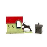A J & E Stevens Co Mule Entering Barn cast-iron mechanical bank, with mule bucking and throwing coin