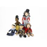 Five Norah Wellings cloth dolls, a brown velvet South Sea Islander with grass skirt and label --8in.