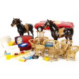 Pedigree Sindy accessories, a red sports card, two horses, two settees, two armchairs and other