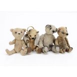 Four miniature artist teddy bear keyrings, three plush and one suedette, swivel head and jointed