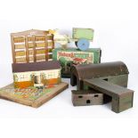 A Tri-ang wooden Farm No 1, in original box (missing end of box) and four additional buildings;