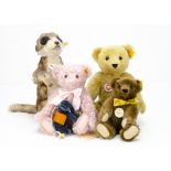 Three Steiff yellow tagged teddy bears, and a Mungo meercat --12 ½in. (32cm.) high; and a Steiff