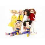 Six Pedigree sporty Sindy dolls, blonde centre-parted Keep Fit Sindy 1979, Ice Skating Sindy with